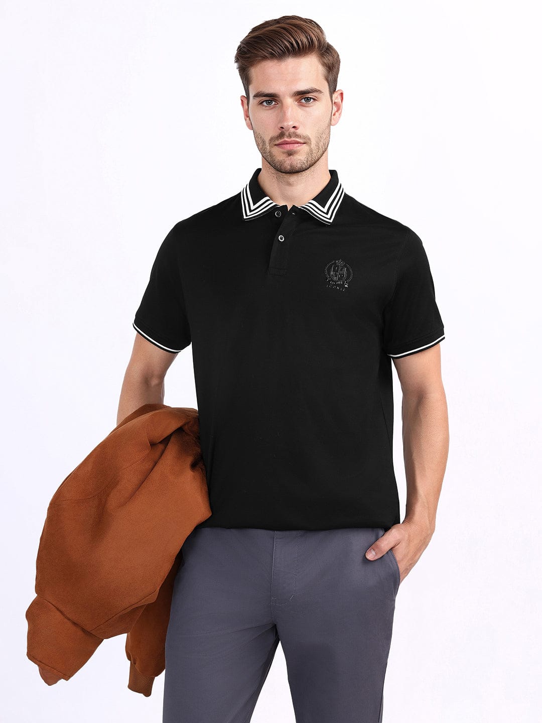 Iconic Men Black Solid Polo Tshirt