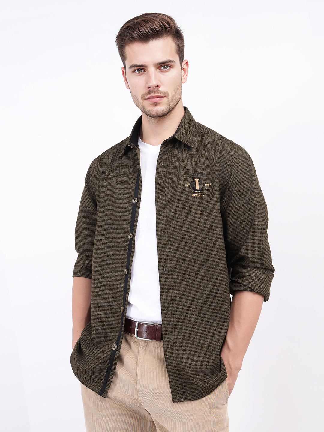 Iconic Men Brown Tweed Collar Shirt