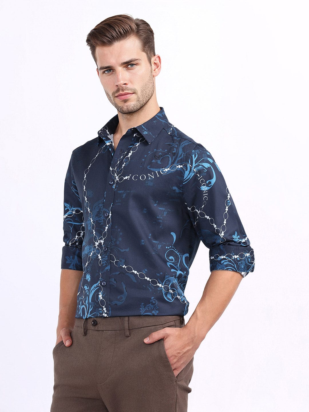 Iconic Men Blue Printed Collar Shirt