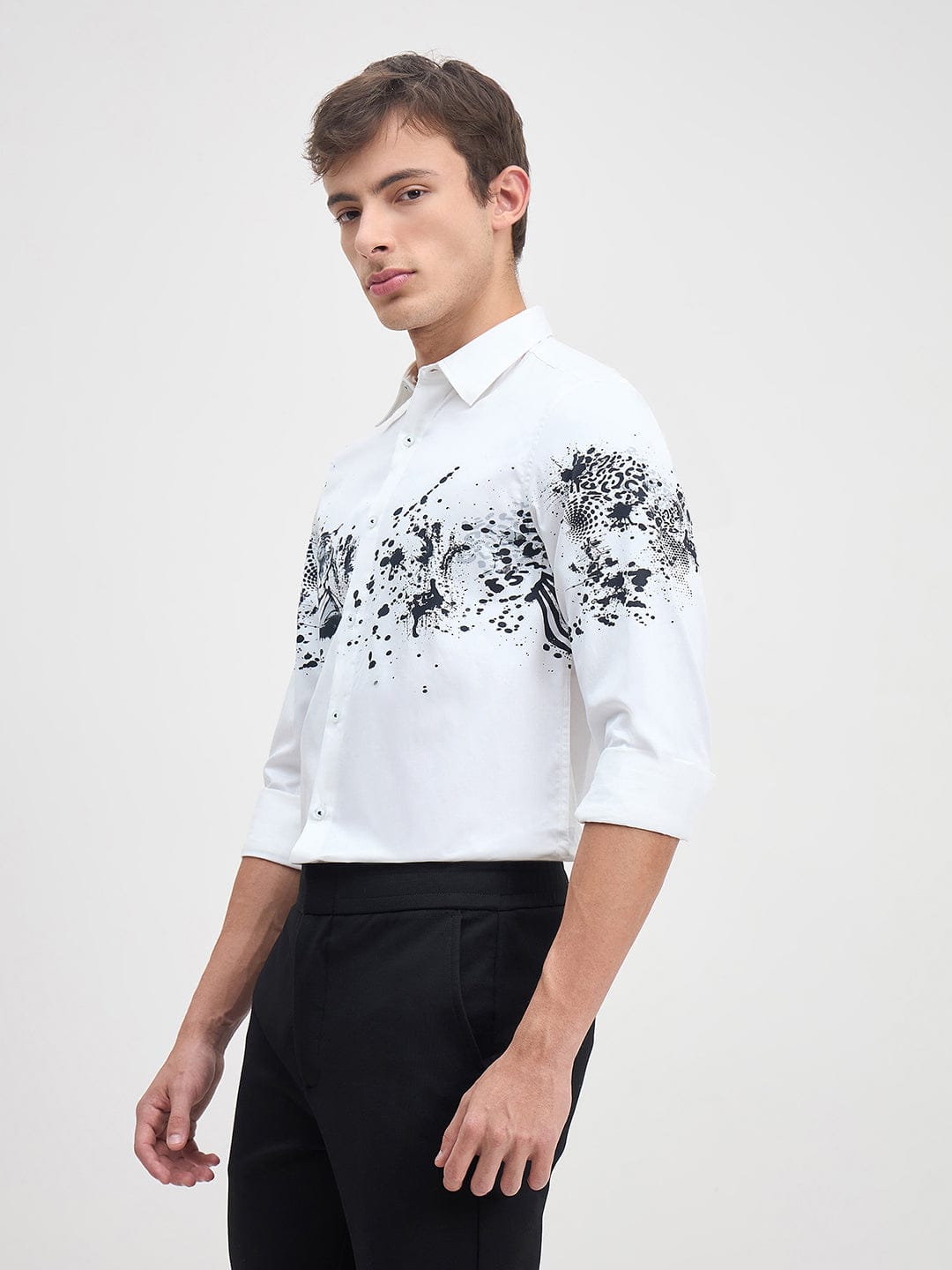 Iconic Men Regular Fit White Floral Pure Cotton Satin Shirt