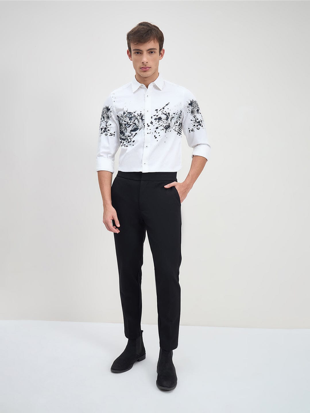 Iconic Men Regular Fit White Floral Pure Cotton Satin Shirt