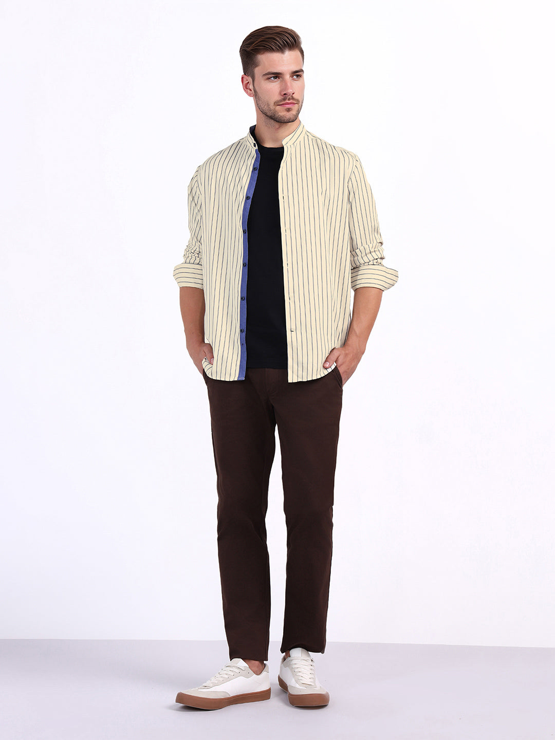 Iconic Men Beige Striped Band Collar Shirt