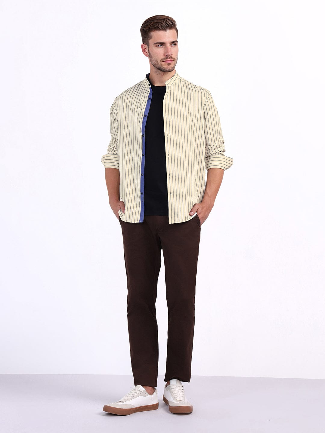 Iconic Men Beige Striped Band Collar Shirt