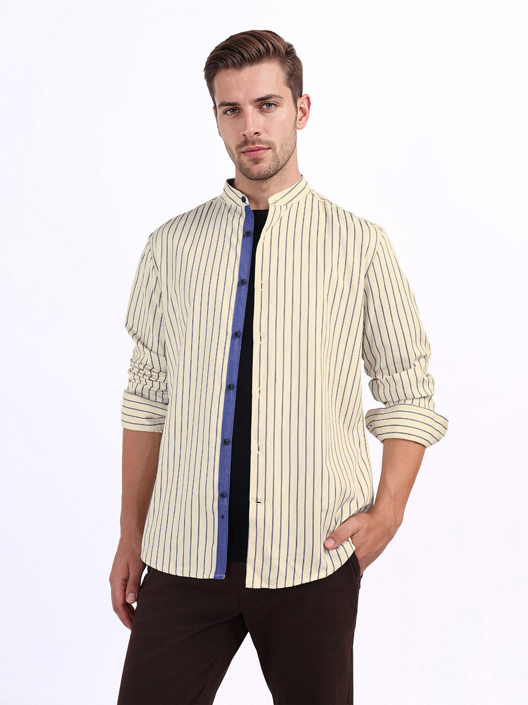 Iconic Men Beige Striped Band Collar Shirt