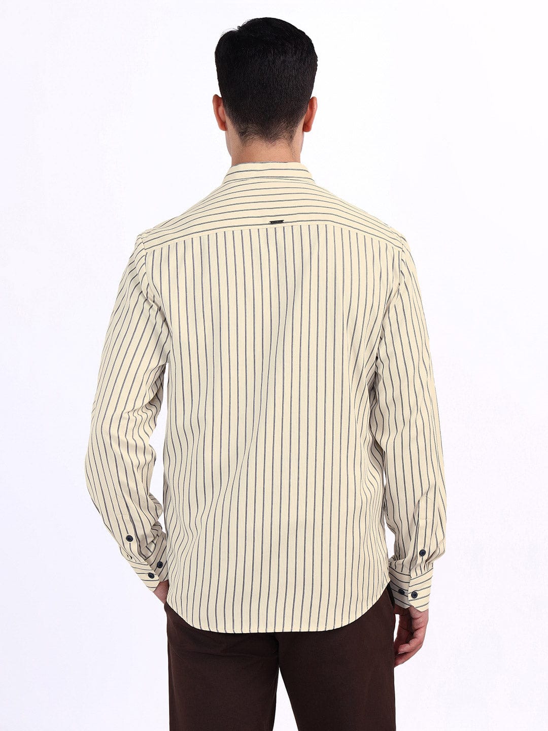 Iconic Men Beige Striped Band Collar Shirt