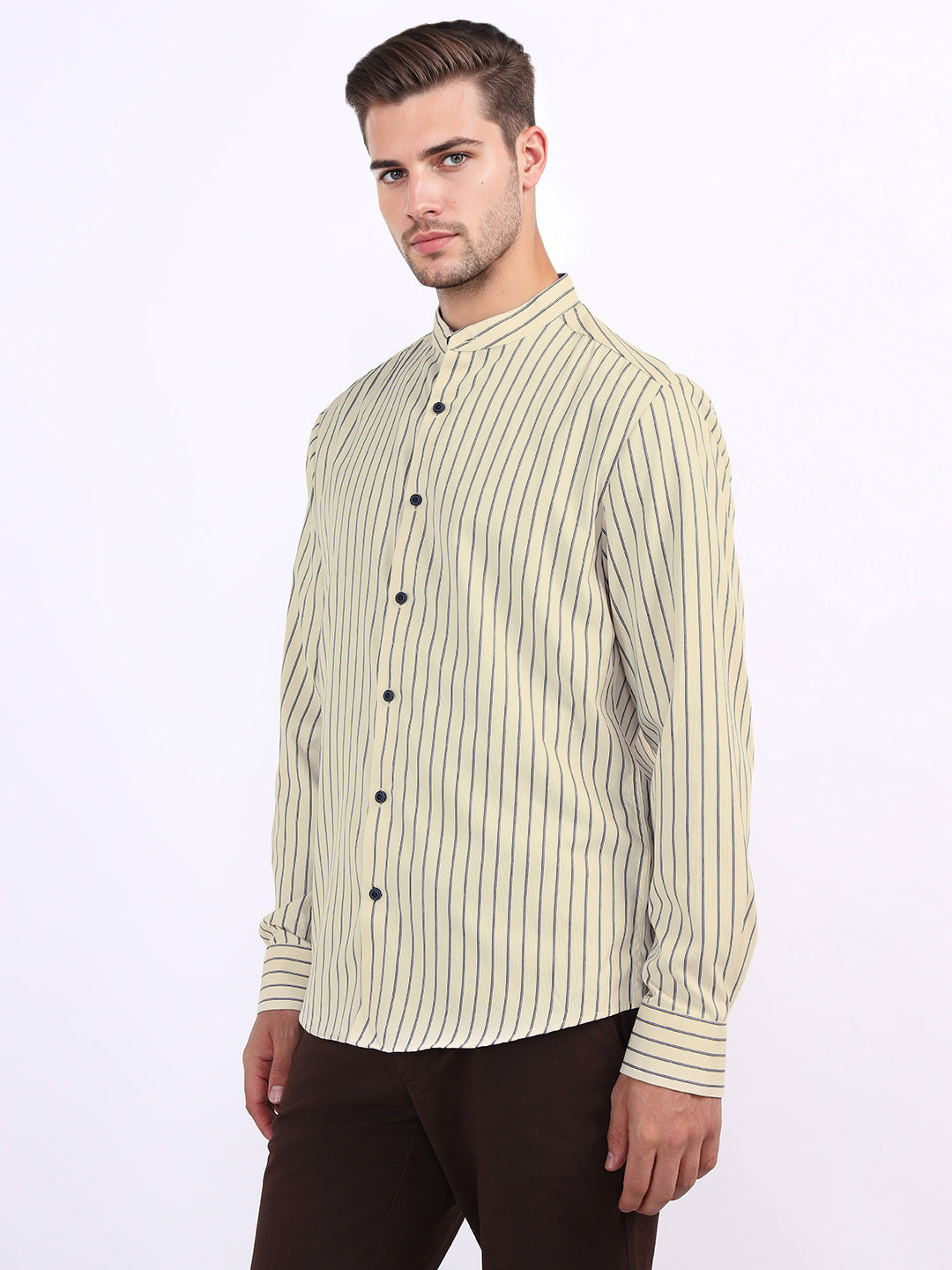 Iconic Men Beige Striped Band Collar Shirt