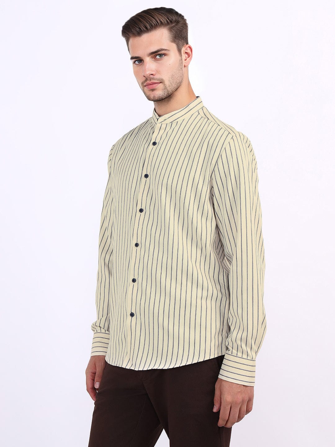 Iconic Men Beige Striped Band Collar Shirt