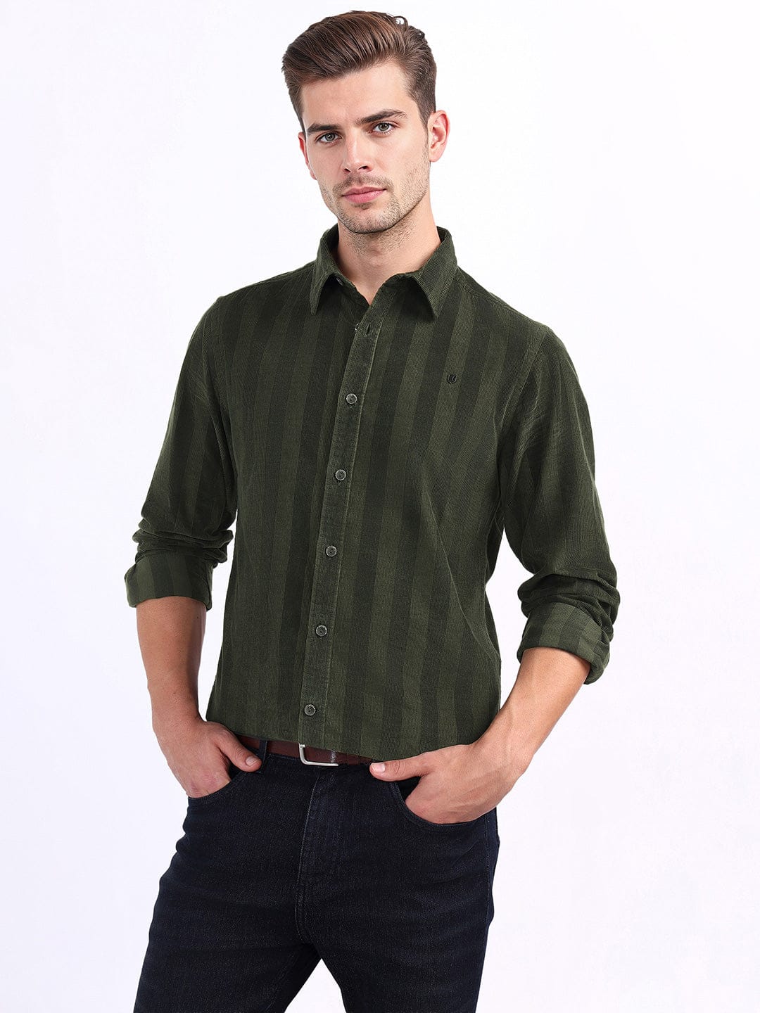 Iconic Men Green Striped Collar Shirt