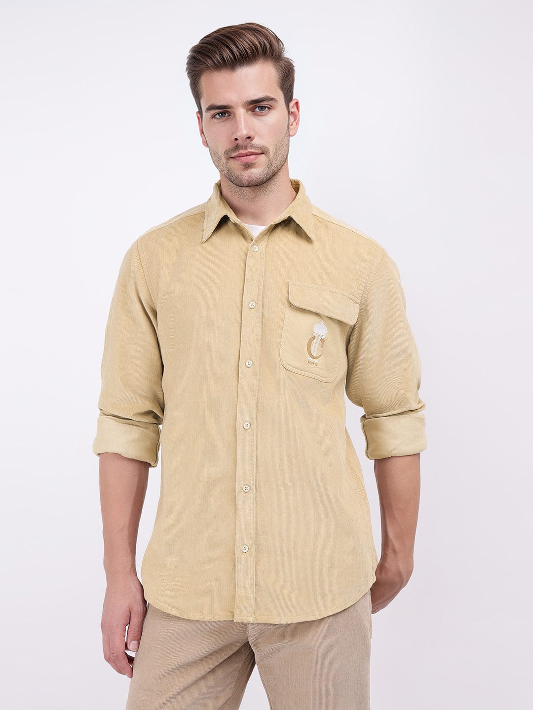 Iconic Men Beige Solid Collar Shirt