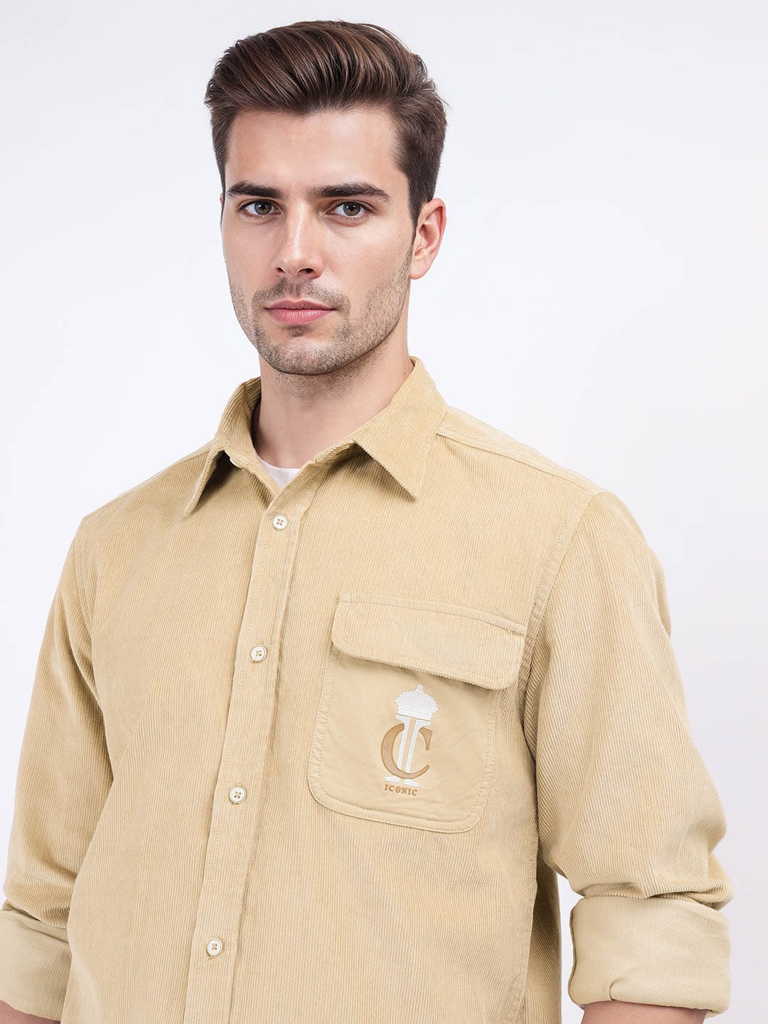Iconic Men Beige Solid Collar Shirt