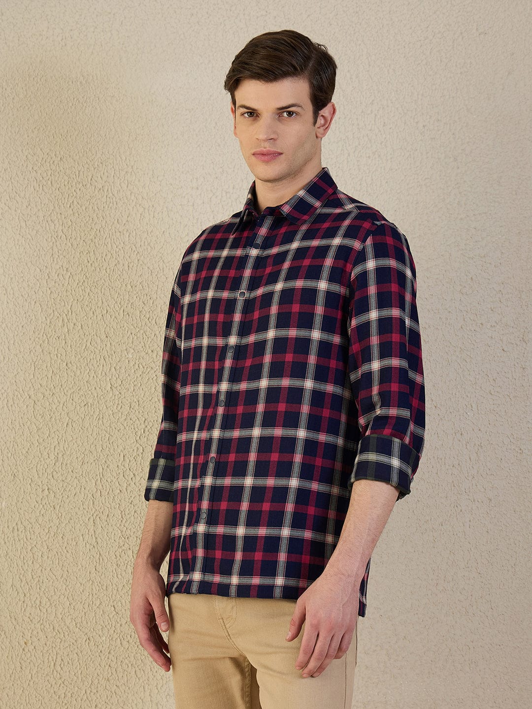 Iconic Men Navy Blue Check Pure Cotton Collared Shirt
