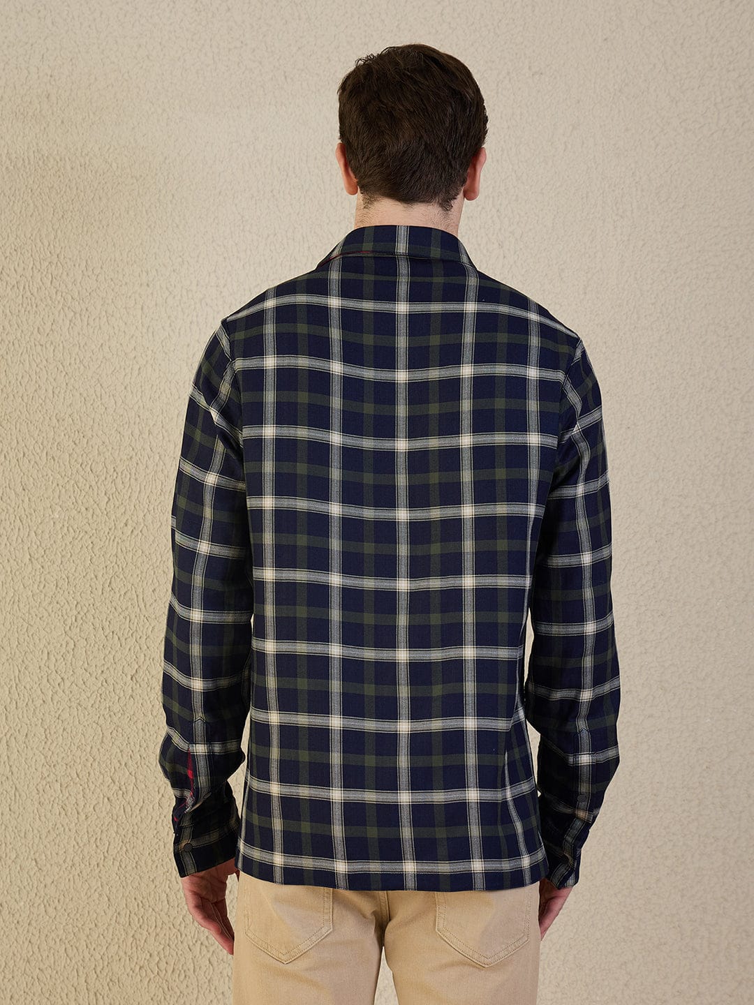 Iconic Men Navy Blue Check Pure Cotton Collared Shirt
