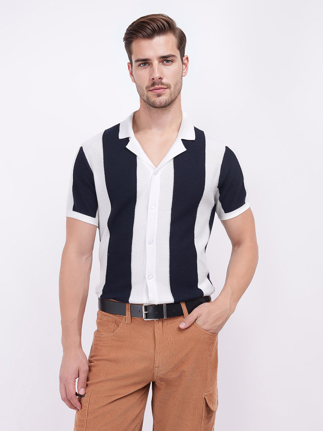 Iconic Men Blue Striped Resort Collar Shirt