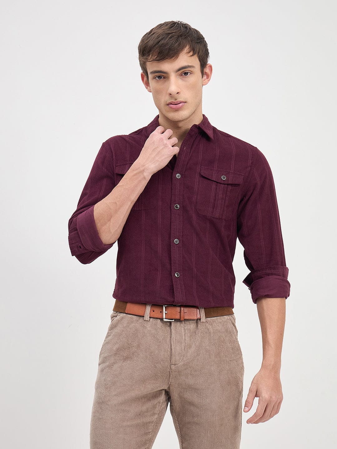 ICONIC Men Wine Stripes Shirt Collar Relaxed Fit Shirt