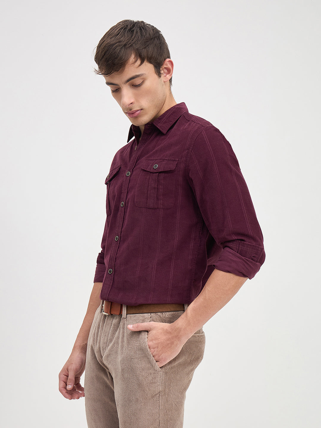 ICONIC Men Wine Stripes Shirt Collar Relaxed Fit Shirt
