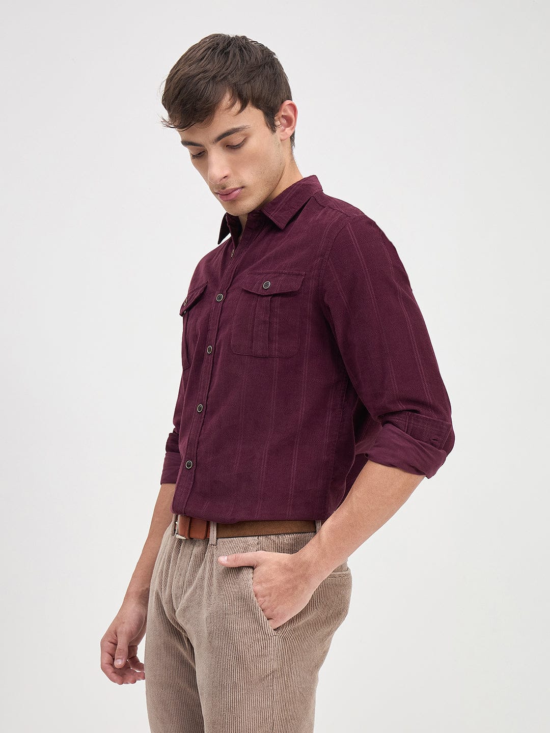 ICONIC Men Wine Stripes Shirt Collar Relaxed Fit Shirt