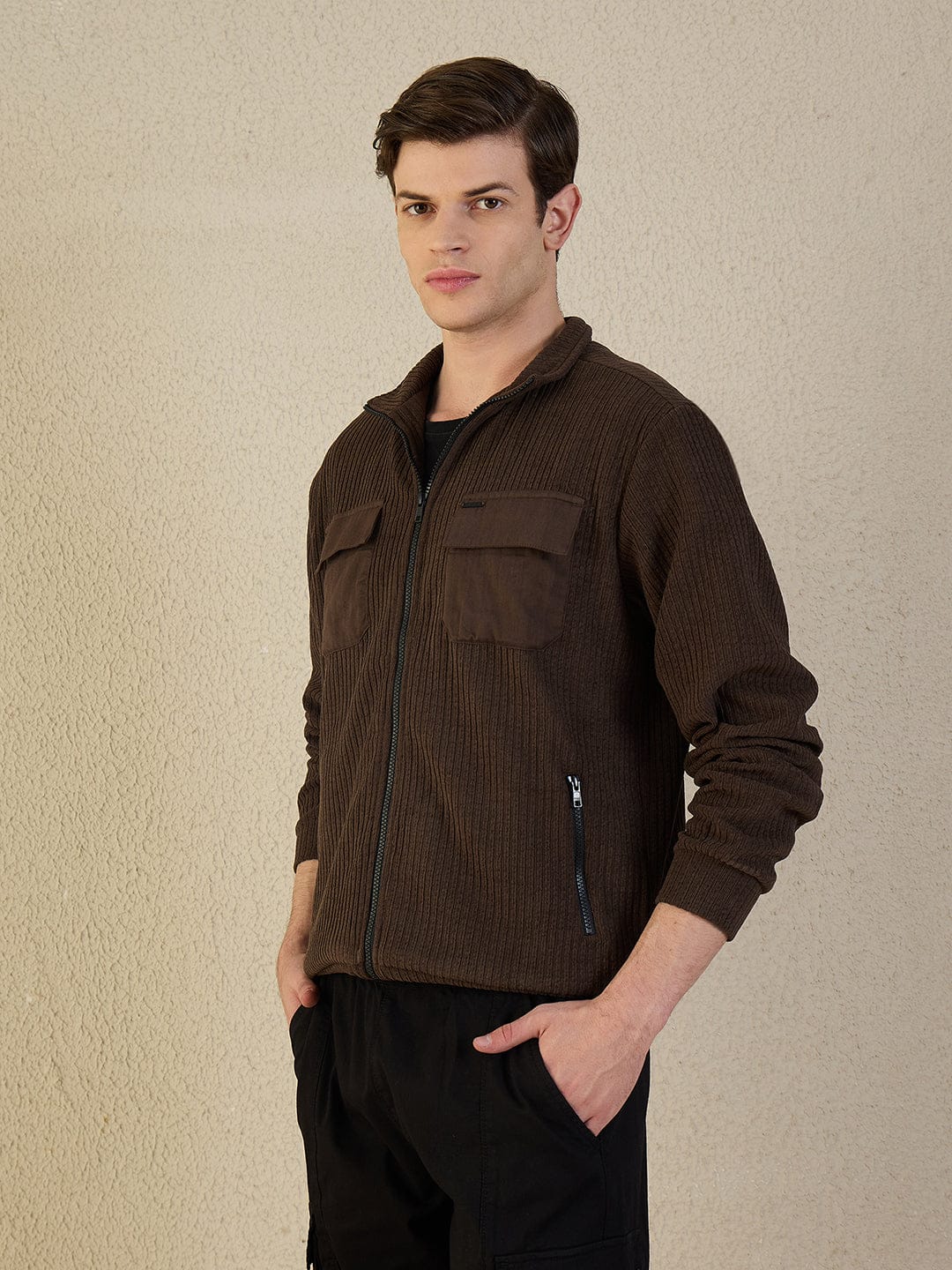 Iconic Men Brown Solid Collared Sweatshirt