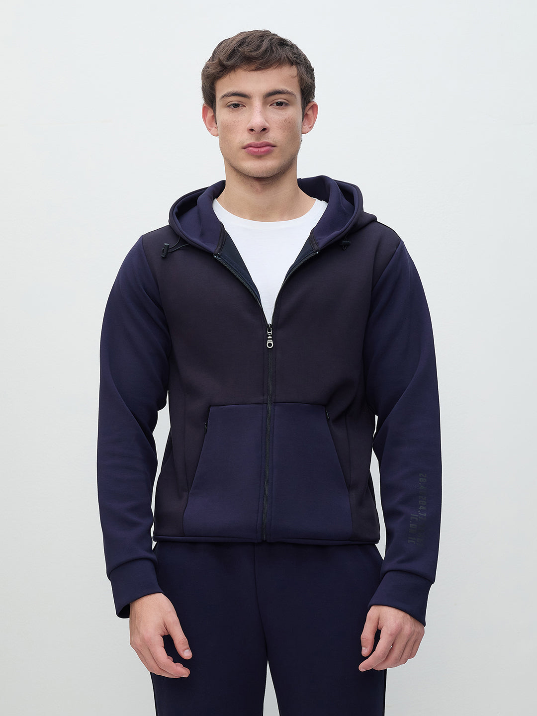 ICONIC Men Navy Blue Color Block Hooded Sweatshirt