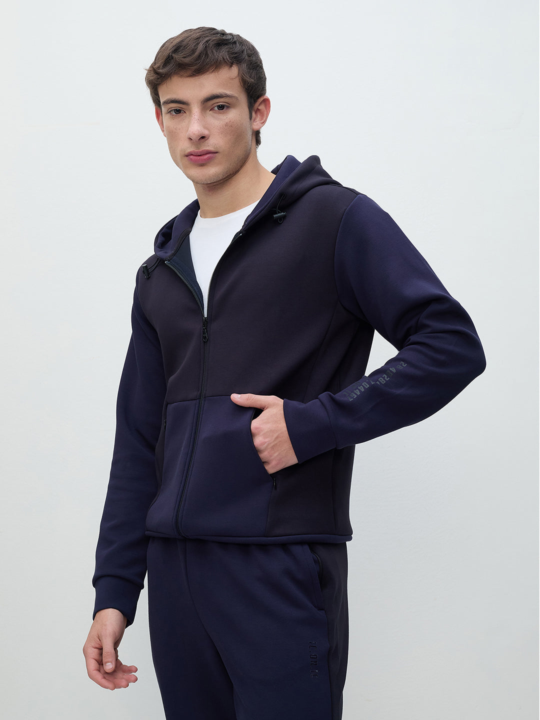 ICONIC Men Navy Blue Color Block Hooded Sweatshirt