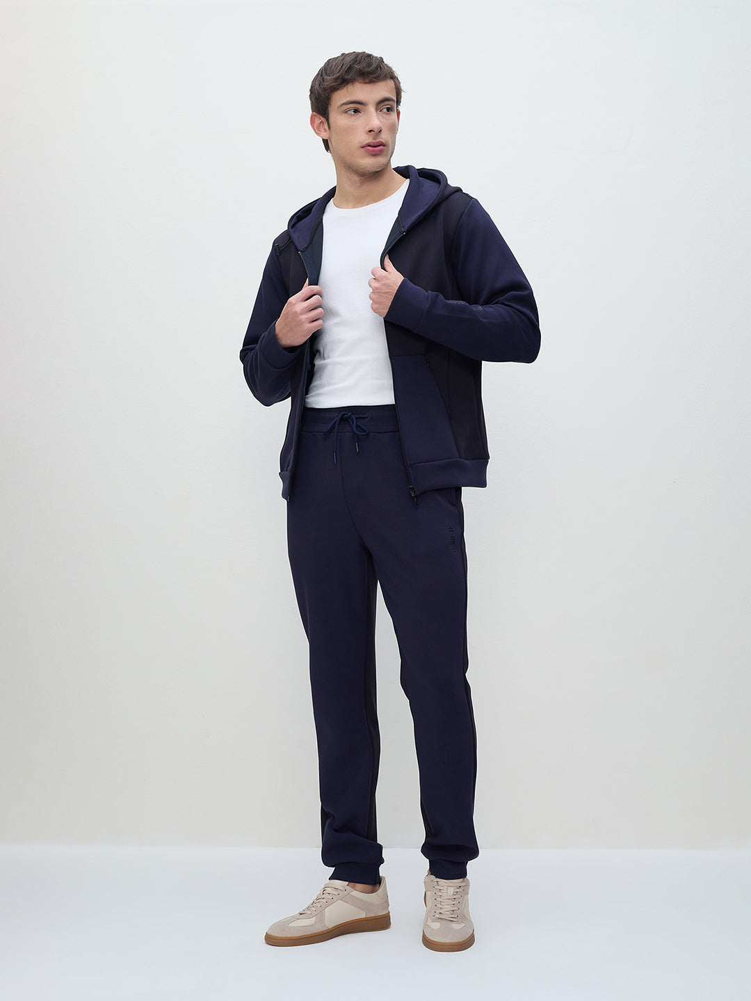 ICONIC Men Navy Blue Color Block Hooded Sweatshirt