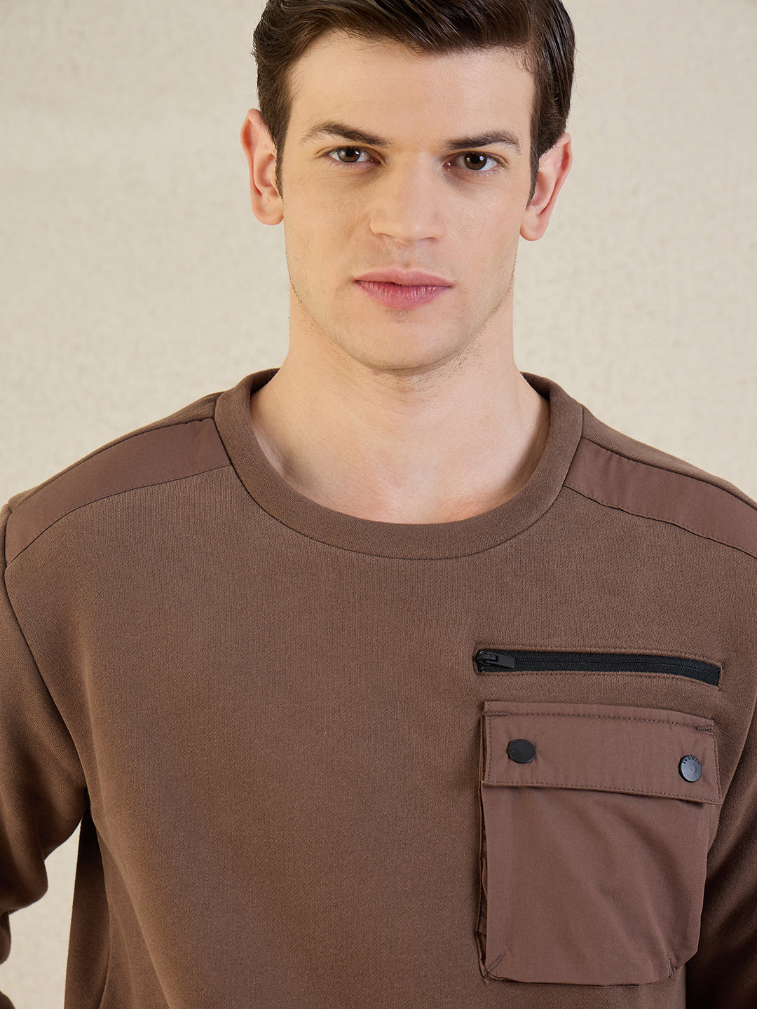 Iconic Men Brown Solid Pure Cotton Round Neck Sweatshirt