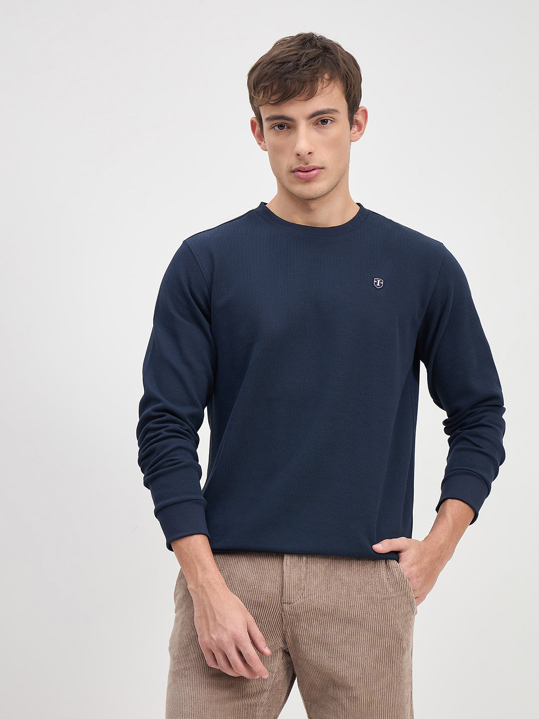 ICONIC Men Navy Blue Crew Neck Regular Fit Textured Sweatshirt