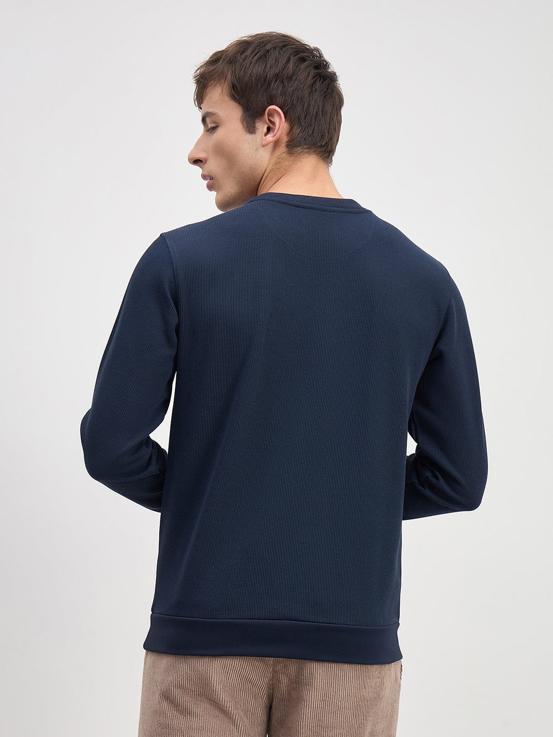 ICONIC Men Navy Blue Crew Neck Regular Fit Textured Sweatshirt