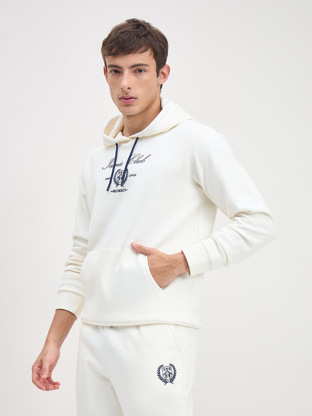 ICONIC Men White HoOD Regular Fit Textured Hooded Sweatshirt With Kangaroo Pockets