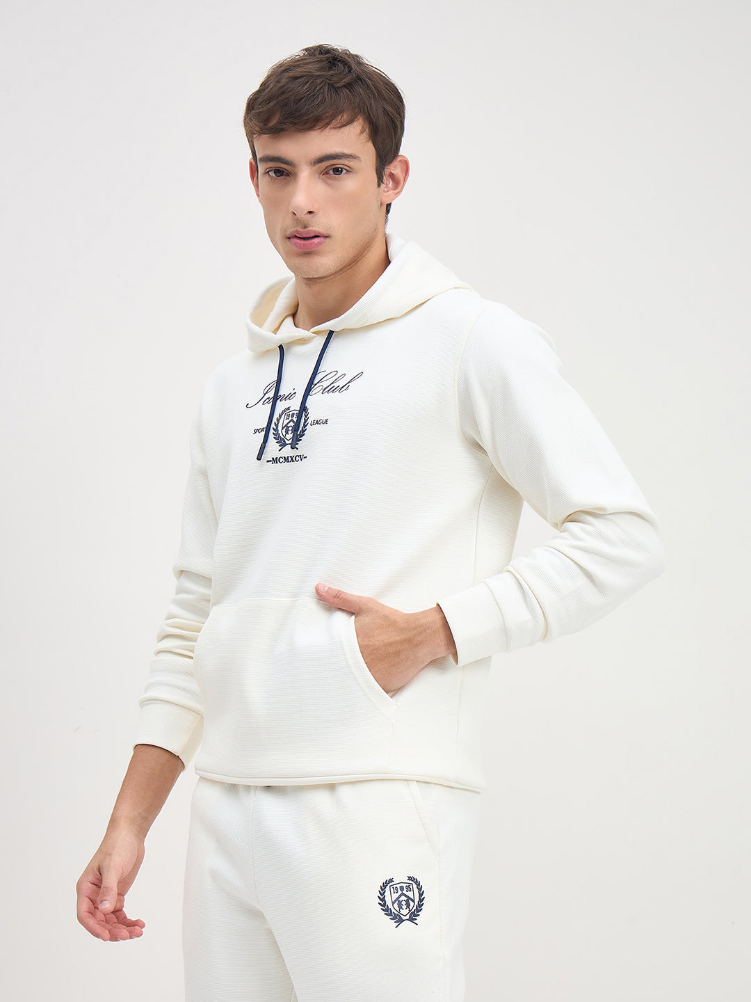 ICONIC Men White HoOD Regular Fit Textured Hooded Sweatshirt With Kangaroo Pockets