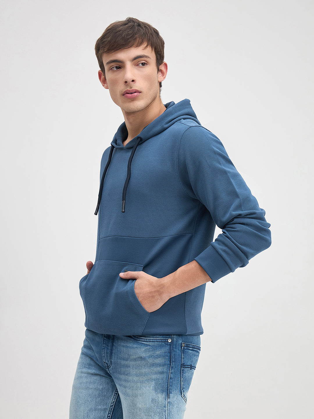 ICONIC Men Blue Hood Regular Fit Texture Sweatshirt