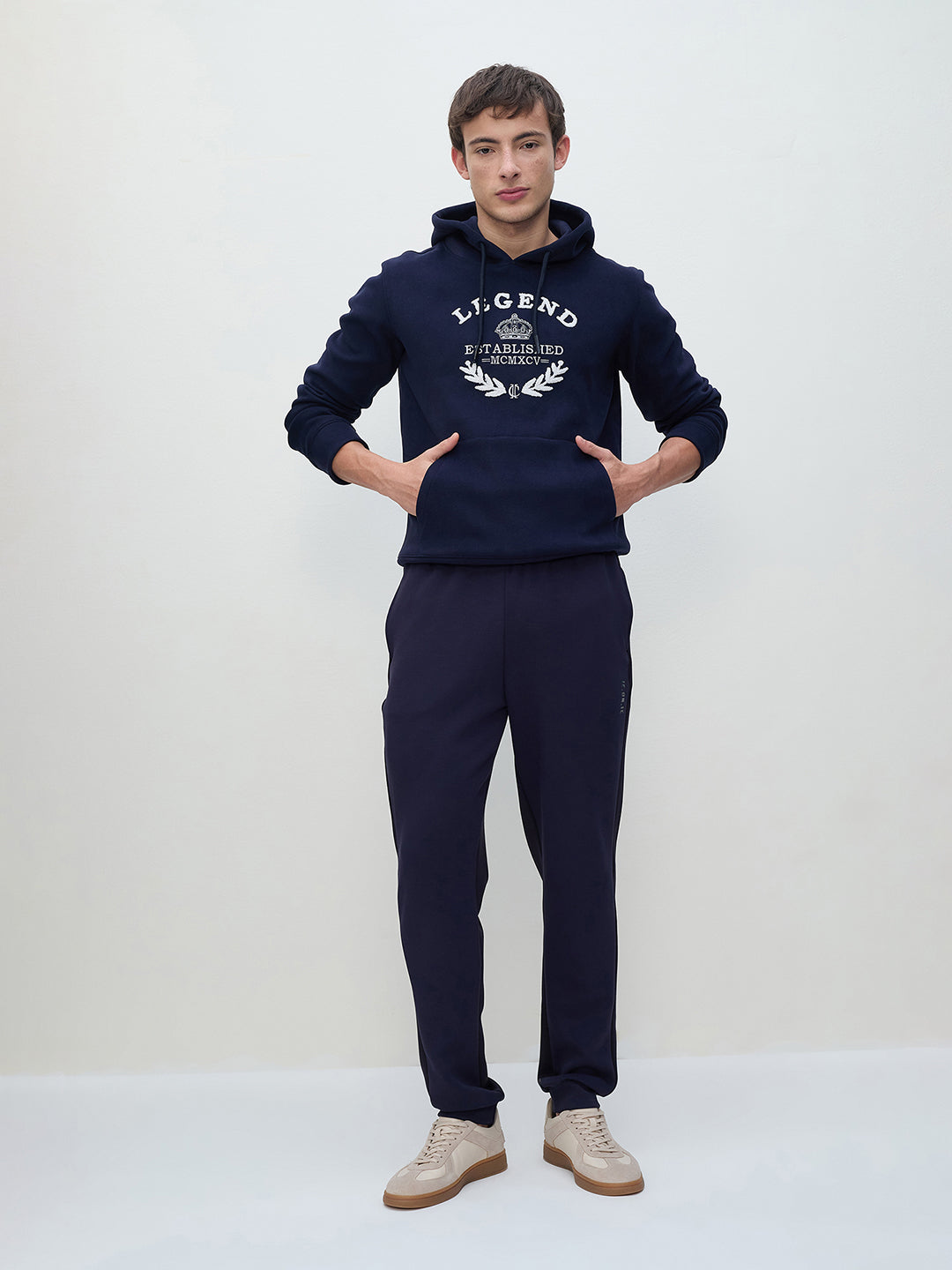 ICONIC Men Navy Blue Embroidered Regular Fit Hooded Sweatshirt