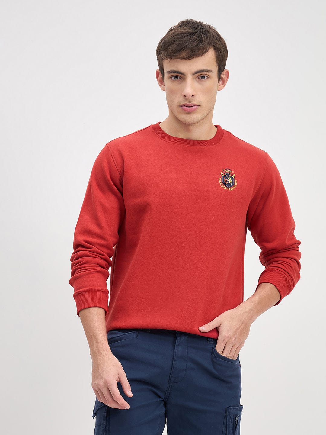 ICONIC Men Red Crew Neck Regular Fit Fleece Sweatshirt