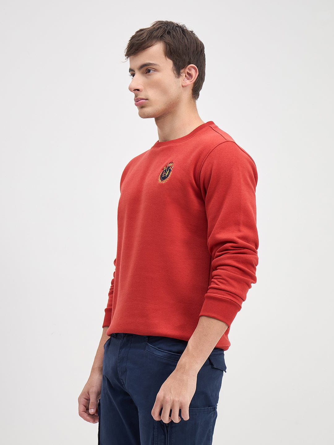 ICONIC Men Red Crew Neck Regular Fit Fleece Sweatshirt