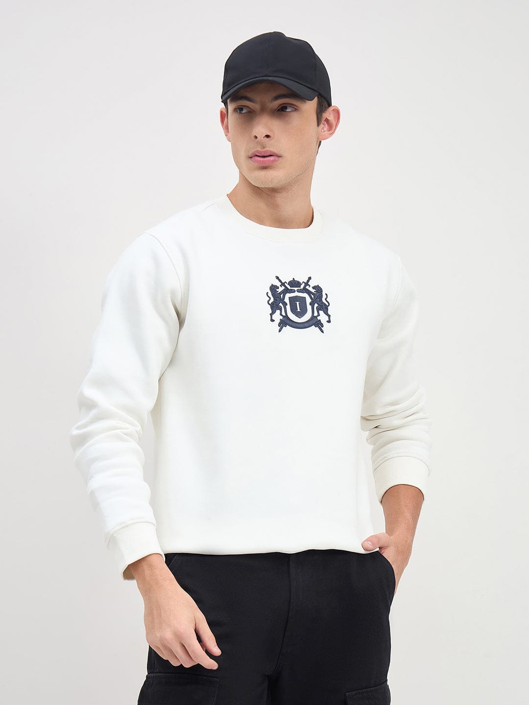 ICONIC Men White Crew Neck Regular Fit Fleece Sweatshirt