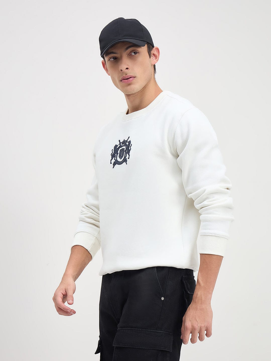 ICONIC Men White Crew Neck Regular Fit Fleece Sweatshirt