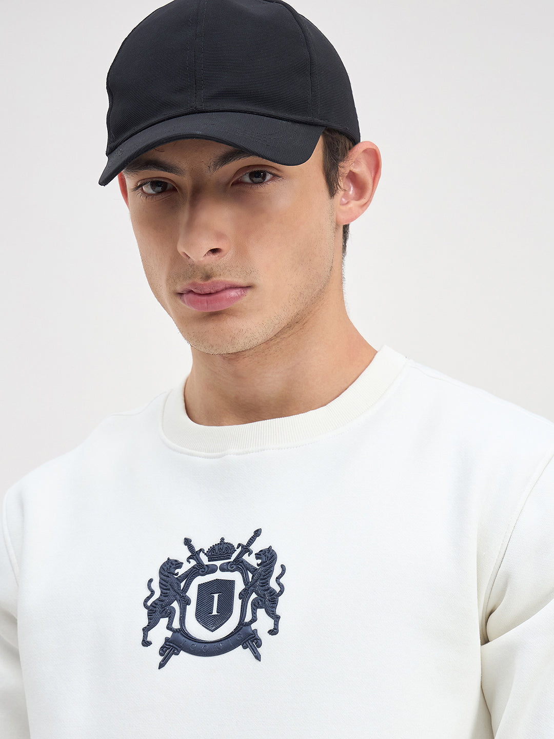 ICONIC Men White Crew Neck Regular Fit Fleece Sweatshirt