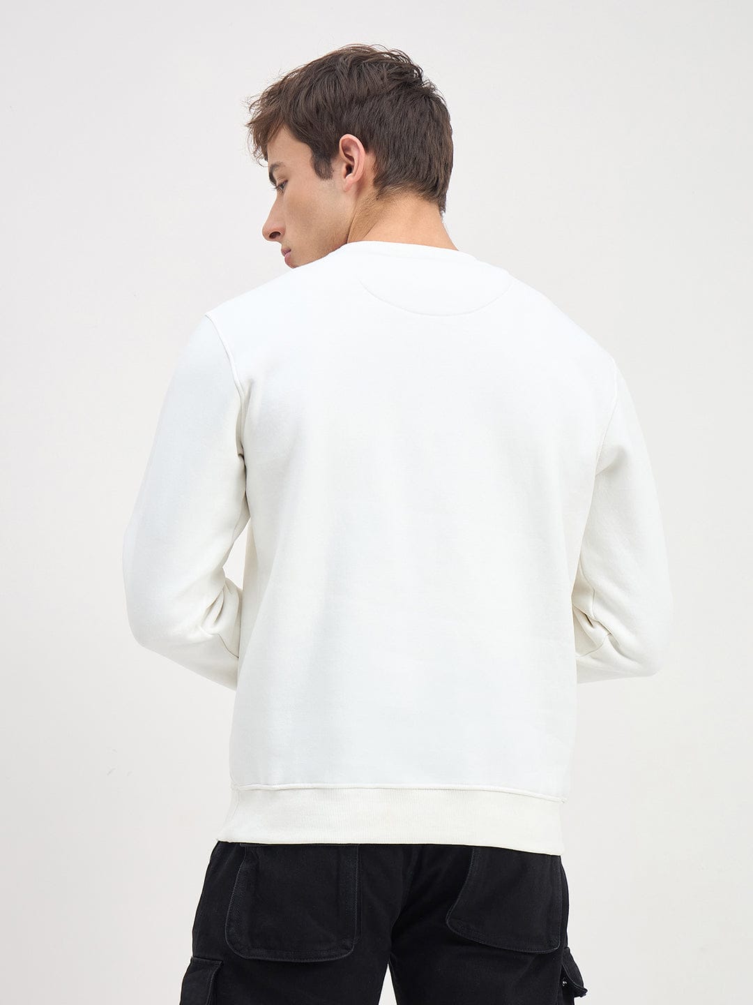 ICONIC Men White Crew Neck Regular Fit Fleece Sweatshirt