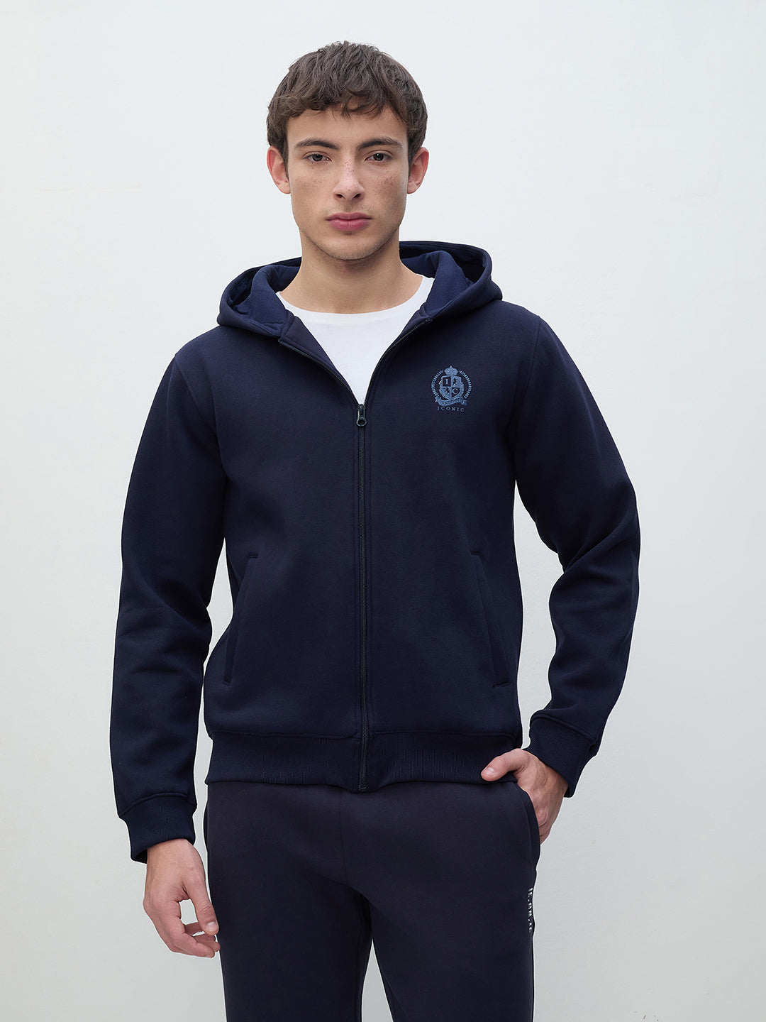 ICONIC Men Navy Blue Hooded Sweatshirt