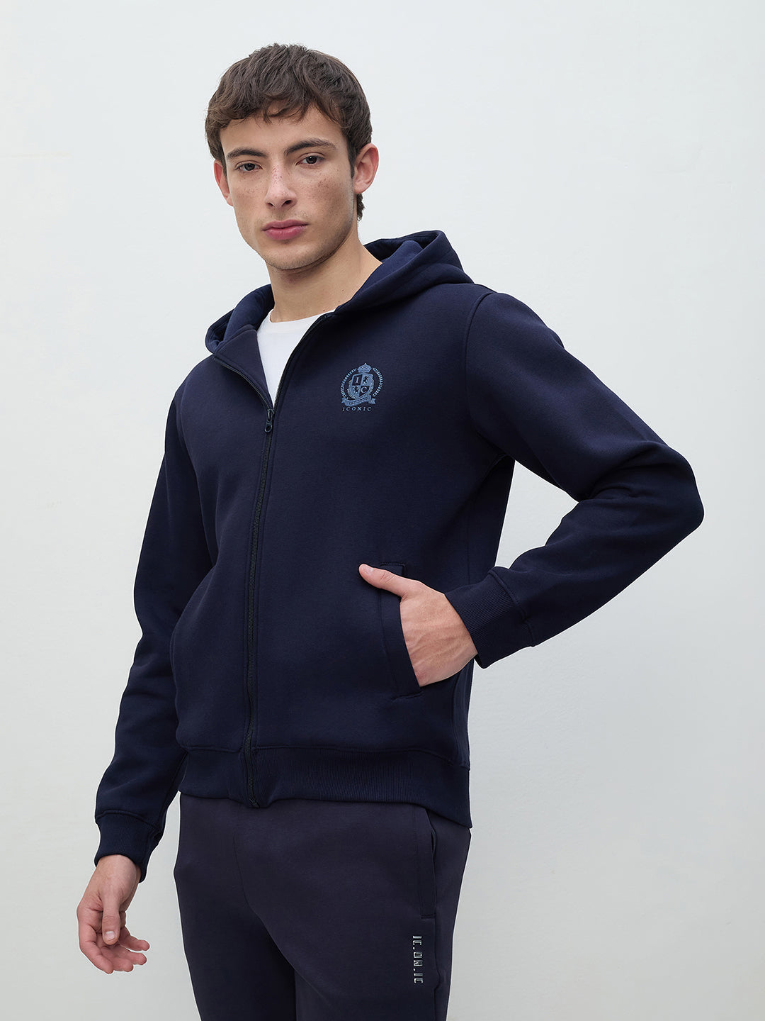 ICONIC Men Navy Blue Hooded Sweatshirt