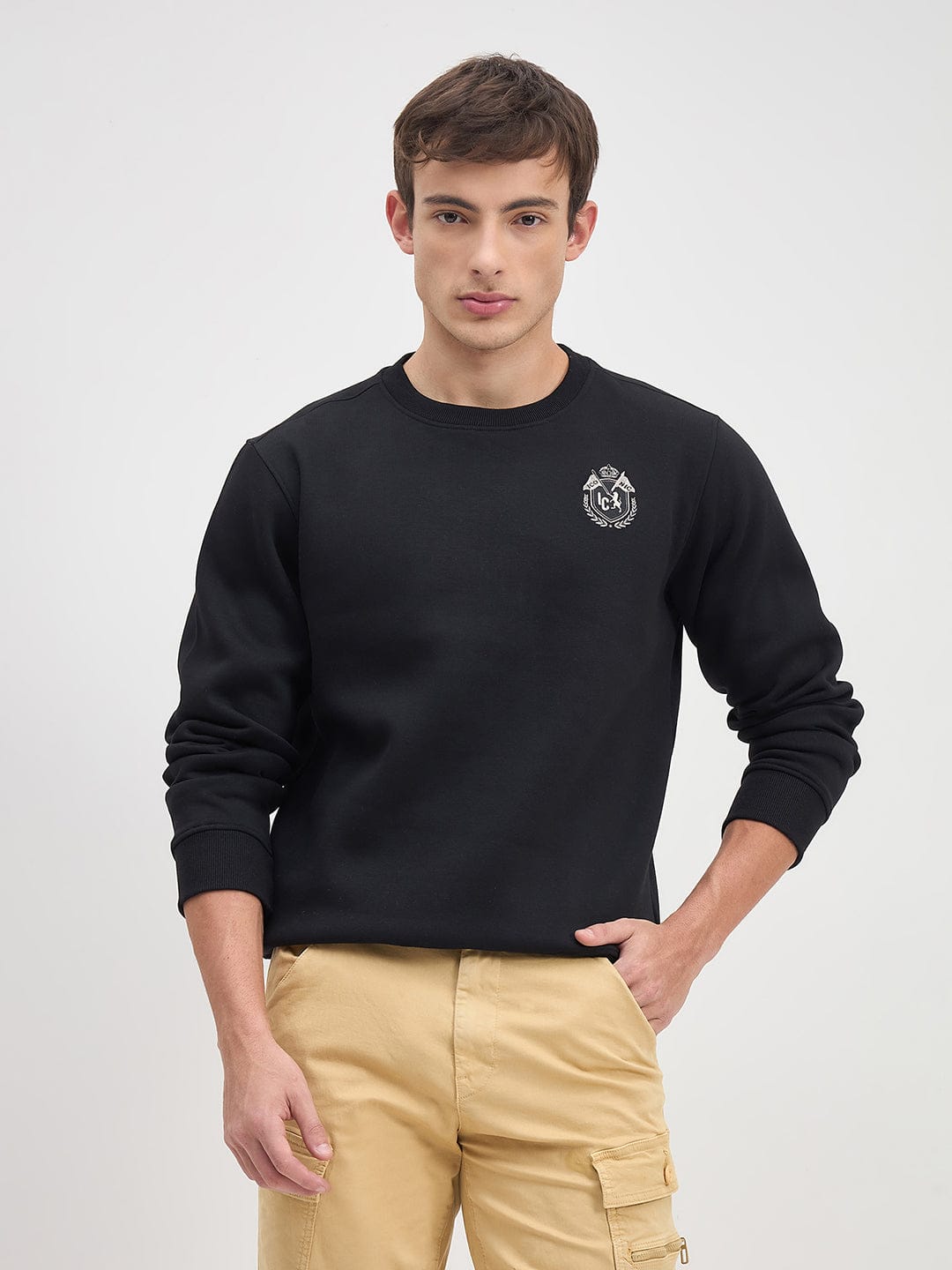 ICONIC Men Black Crew Neck Regular Fit Fleece Sweatshirt