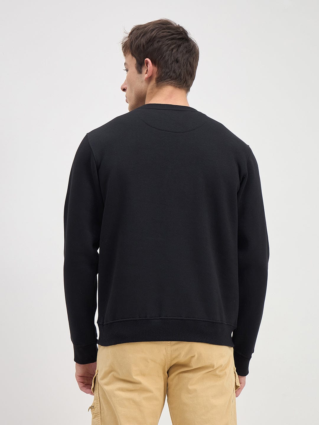 ICONIC Men Black Crew Neck Regular Fit Fleece Sweatshirt