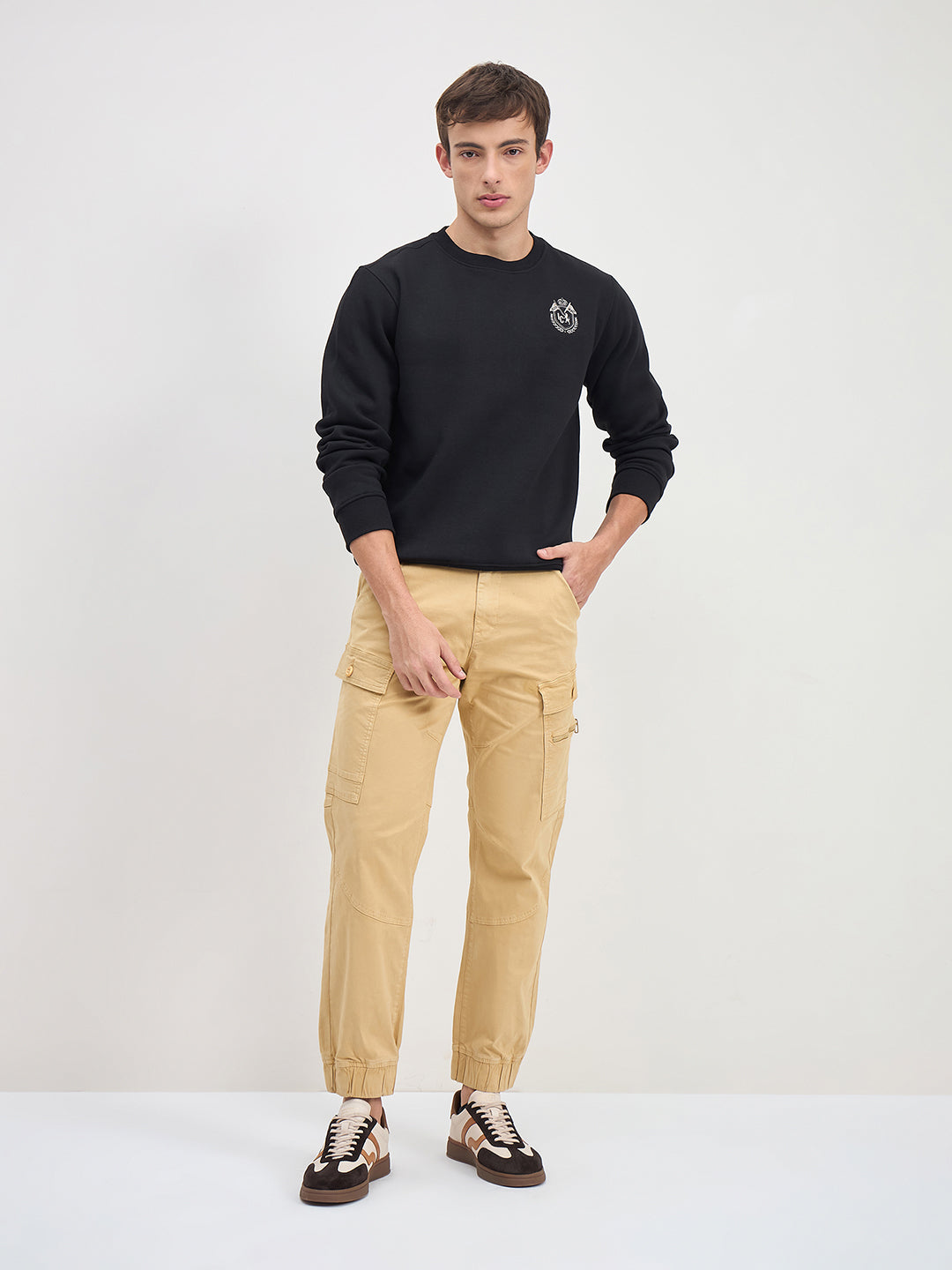 ICONIC Men Black Crew Neck Regular Fit Fleece Sweatshirt