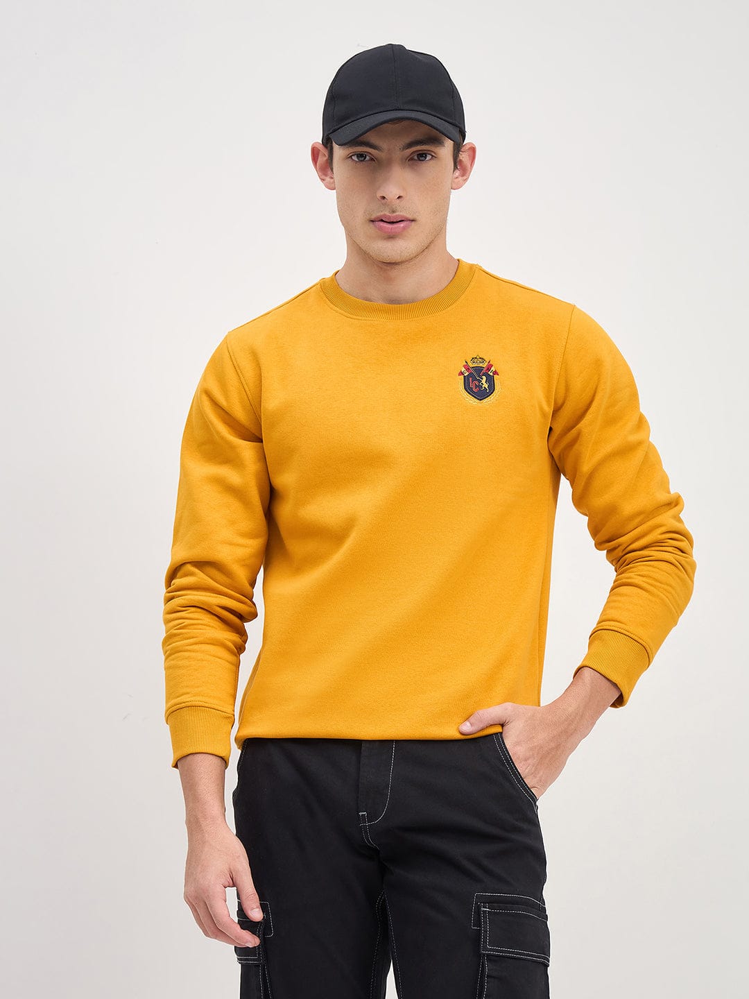 ICONIC Men Yellow Crew Neck Regular Fit Fleece Sweatshirt