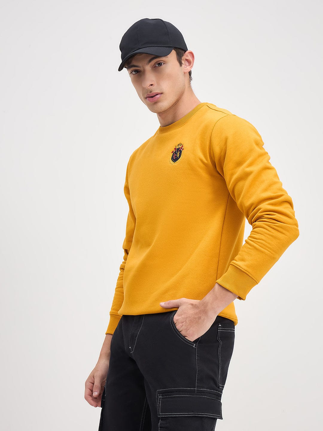 ICONIC Men Yellow Crew Neck Regular Fit Fleece Sweatshirt