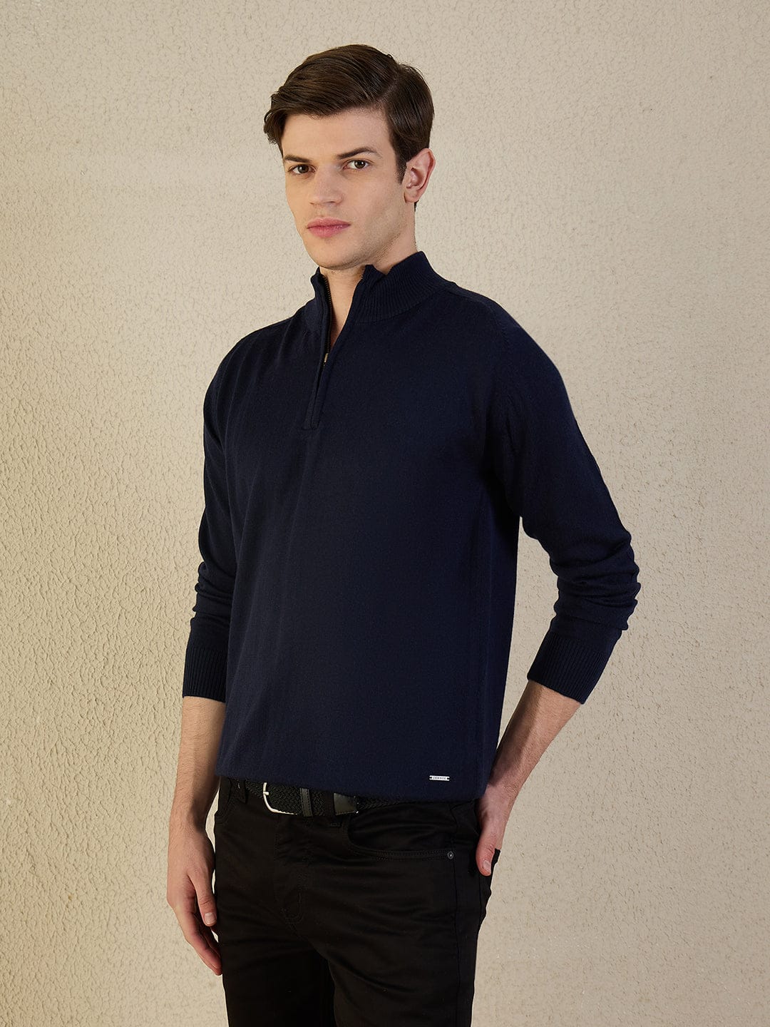 Iconic Men Navy Blue Solid High Neck Sweater