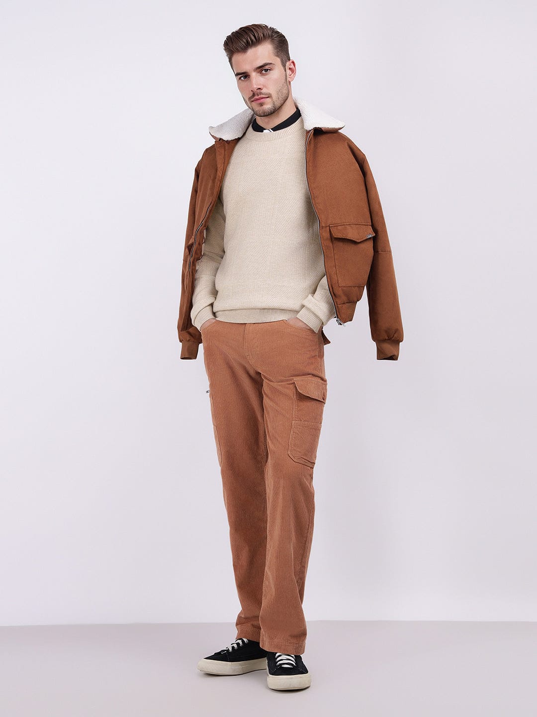 Iconic Men Beige Checks Crew Neck Sweater