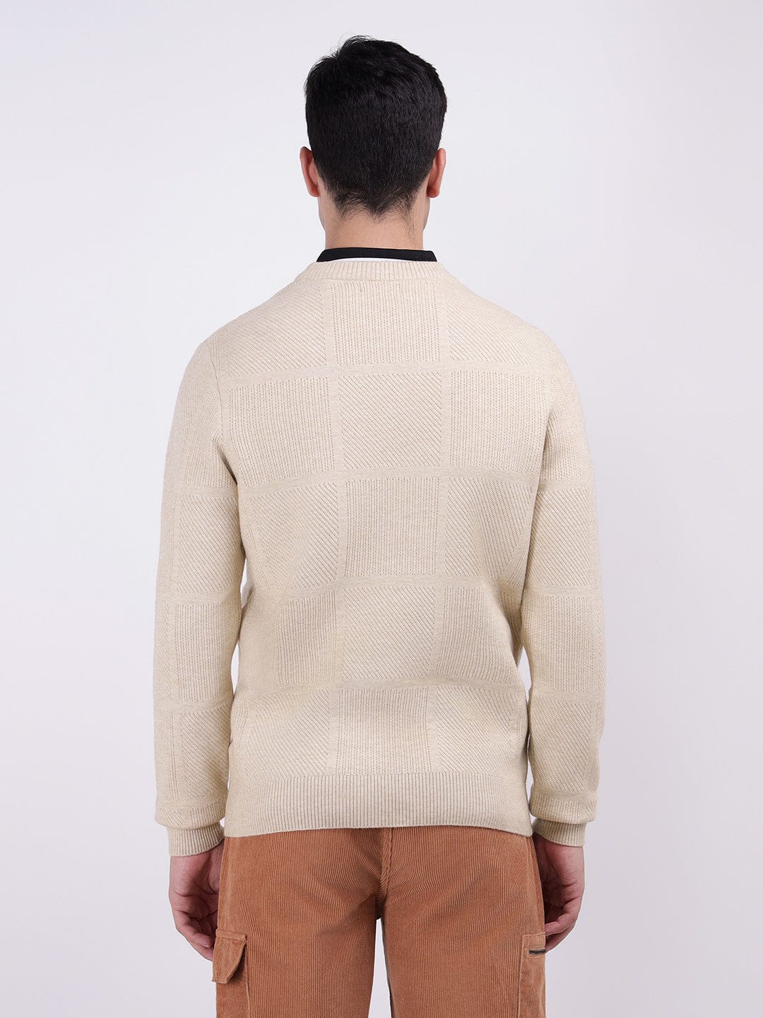 Iconic Men Beige Checks Crew Neck Sweater