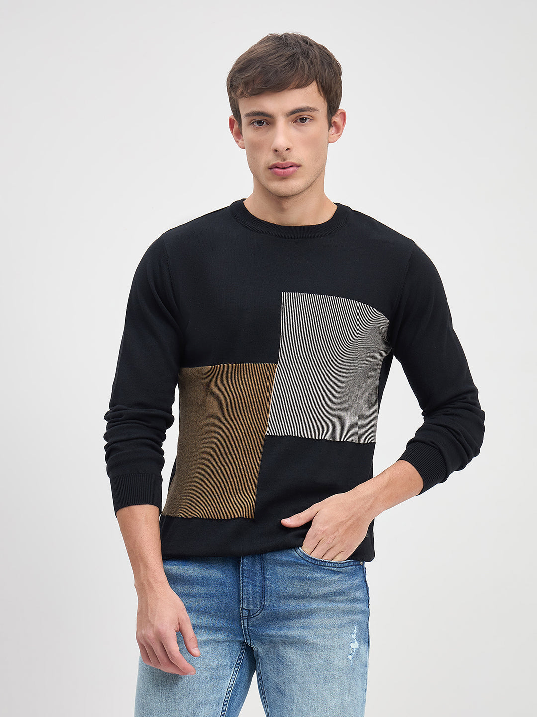 ICONIC Men Black Colorblock Crew Neck Regular Fit Sweater