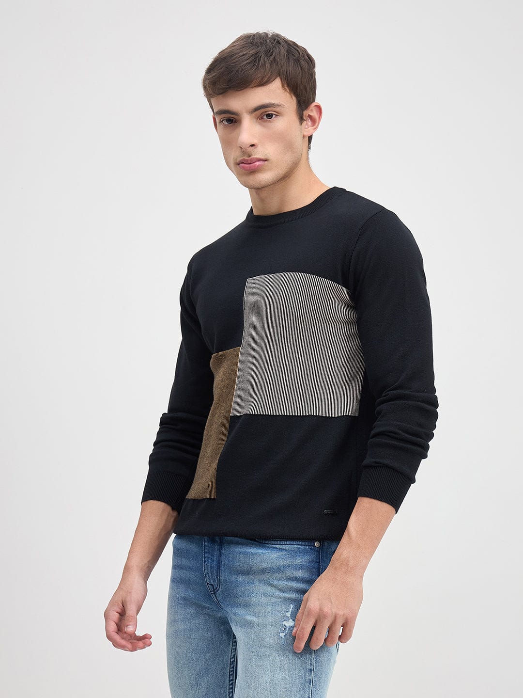 ICONIC Men Black Colorblock Crew Neck Regular Fit Sweater