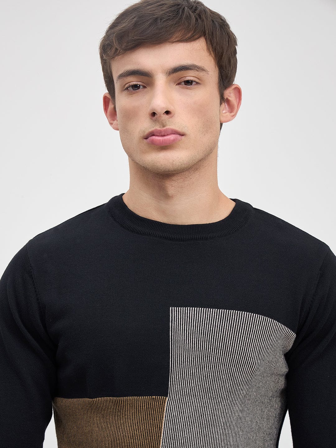 ICONIC Men Black Colorblock Crew Neck Regular Fit Sweater